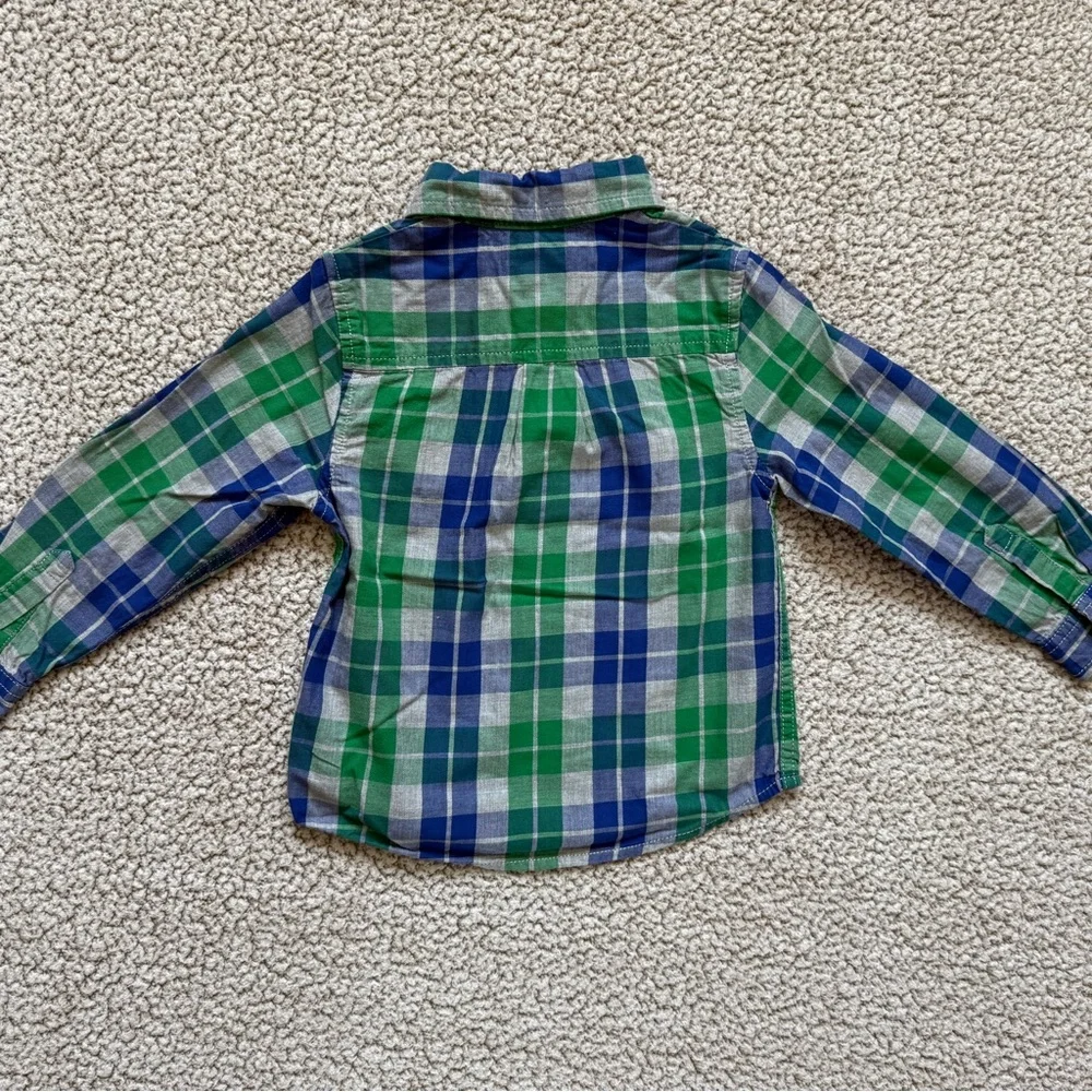 🧸 Adorable Outfit • Blue & Green Plaid Shirt with Blue Corduroys + Grey Sweater
